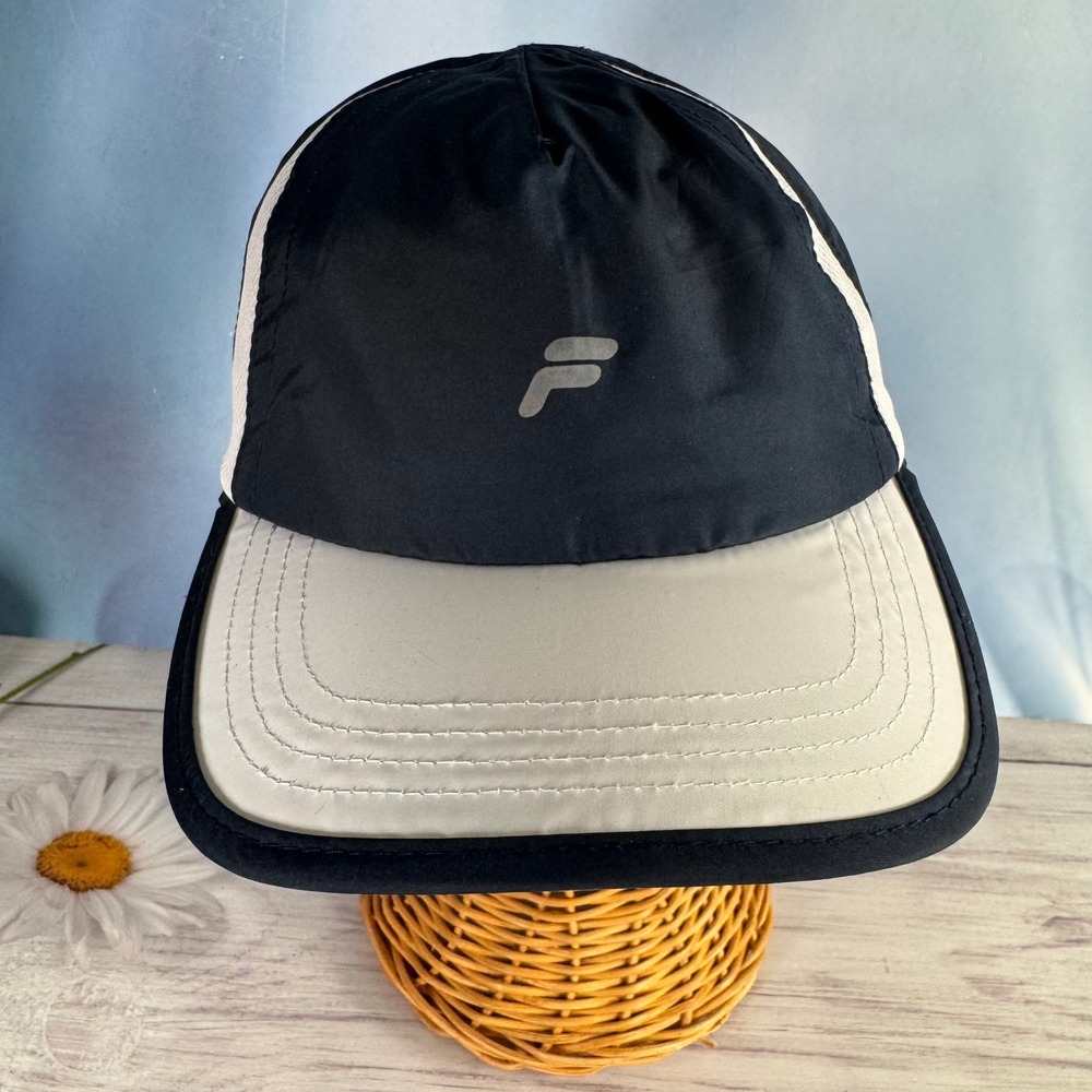 Fila Running Hat Mens OSFM Black White Mesh Reflective Logo Sport Cap Athleisure